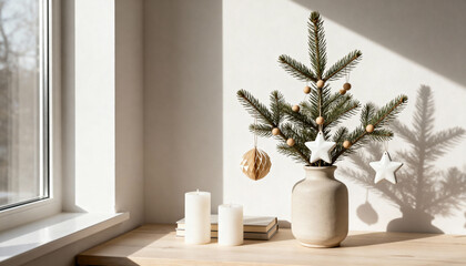 Fototapeta premium Minimalist Christmas decor with small fir tree in vase, white candles, and ornaments on wooden table by sunny window