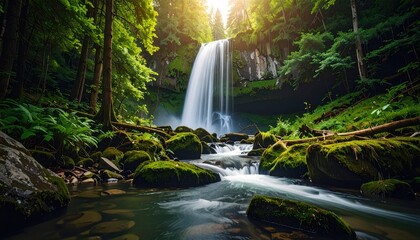 Fototapeta premium Serene Waterfall in Forest: The cascading water plunges over rugged rocks into the tranquil pool, amidst lush greenery and towering trees. Sunlight filters through the canopy.