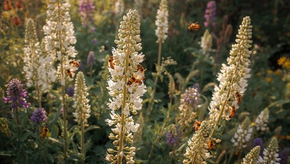 Bees gathering nectar from white borage blossoms