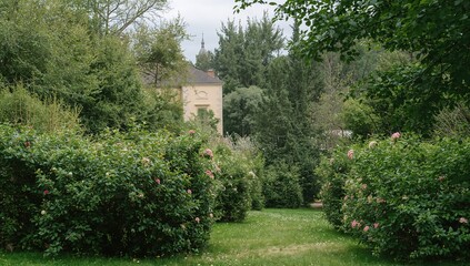 Vibrant green shrubs blooming amid a scenic backdrop of trees and a yellow structure