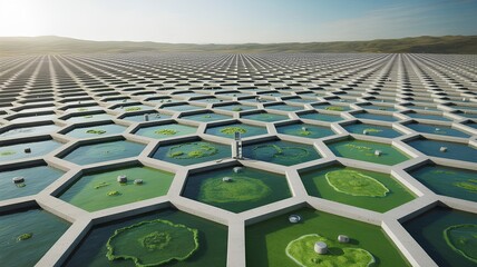 Aerial view of large-scale algae fuel farm showcases green energy and biotechnology
