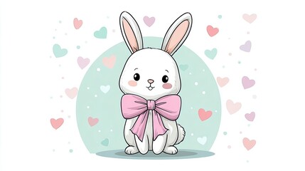 Obraz premium Cute white bunny with pink bow sitting among pastel hearts in a sweet romantic illustration for Valentine design