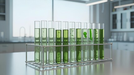 Algae biofuel research showcasing test tubes with green algae for alternative fuel development