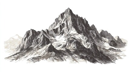 Engraving sketch of towering rocky mountain peak with rugged slopes in vintage landscape illustration