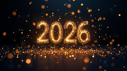 Glowing golden number 2026 illuminated against a dark, bokeh-filled background, celebrating the new year.