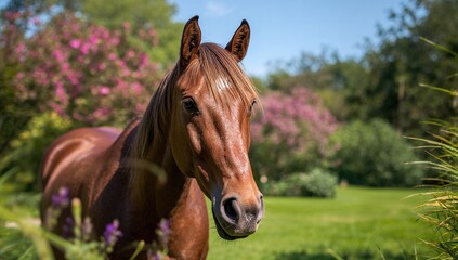 Obraz premium Beautiful horse in a lush garden setting, showcasing grace and tranquility