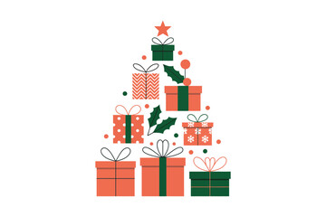 Christmas tree made of gifts in red and green with star and holly on white background