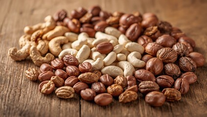 Fototapeta premium Assorted Nuts on a Wooden Surface, rich in protein, healthy snacking option