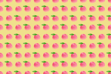 Peach seamless pattern. Pink fruits illustration on yellow background for wrapping paper, textile prints, banners, backgrounds.