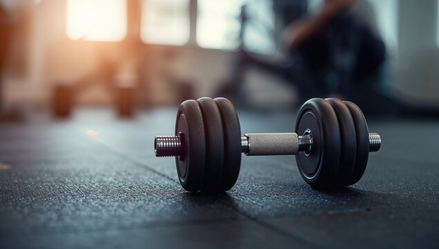 Dumbbell resting on the floor of a fitness room in the morning, focusing on home workout energy