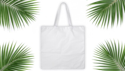 Eco-friendly white tote bag made of non-woven fabric with palm leaf design. Blank shopping bag mockup with copy space on a white backdrop.