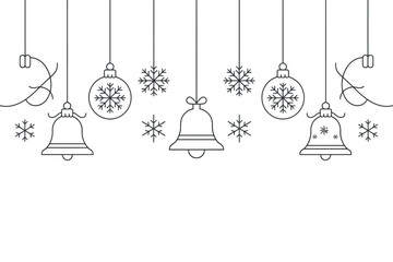 Outline christmas ornaments and bells hanging from strings on a white background