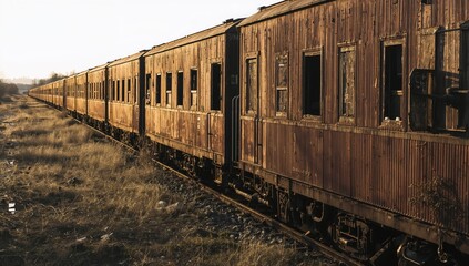 Obraz premium An old and dilapidated train car stands adjacent to the corroded iron tracks, erosion risk