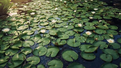 Floating water lily leaves blanketing the pond surface