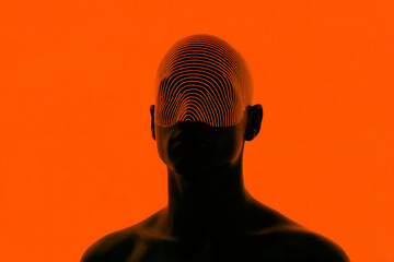 Abstract human silhouette with patterned face against a vibrant orange background