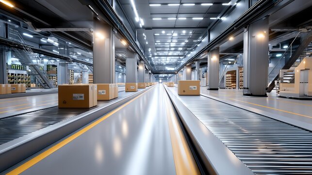 Automated Workflow: An industrial conveyor system efficiently transports cardboard boxes, representing a streamlined supply chain, with focus on logistics.