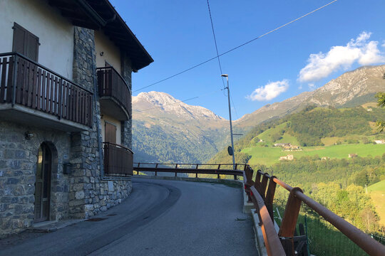 View of Mount Arera from a Street of Zambla Bassa Mountain Village, in the Italian Alps, During a Sunny Summer Afternoon. Bergamo Province, Italy