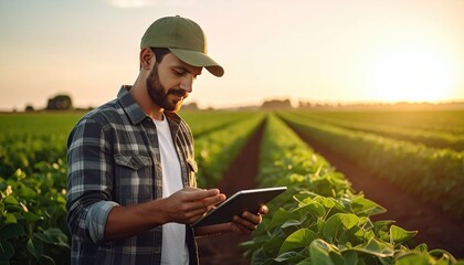 Field Worker and Modern Farming: A dedicated farm worker, armed with a tablet, surveys the vibrant, cultivated fields, representing the fusion of tradition and contemporary agricultural practice.