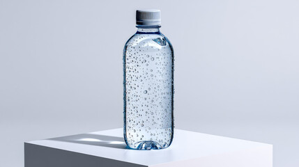 Glass water bottle with condensation droplets on white plinth, crisp clean hydration branding mood, empty background