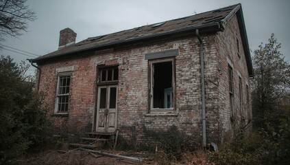 Obraz premium Abandoned brick building with broken windows, urban decay