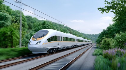 Fototapeta premium Speed and Serenity: A modern high-speed train gracefully glides along tracks through lush green countryside, showcasing the seamless blend of advanced technology and serene natural beauty. 