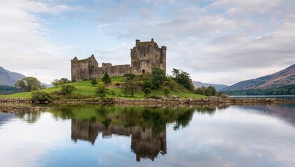 A dilapidated fortress located on a rugged promontory by the northern tip of a large freshwater lake.