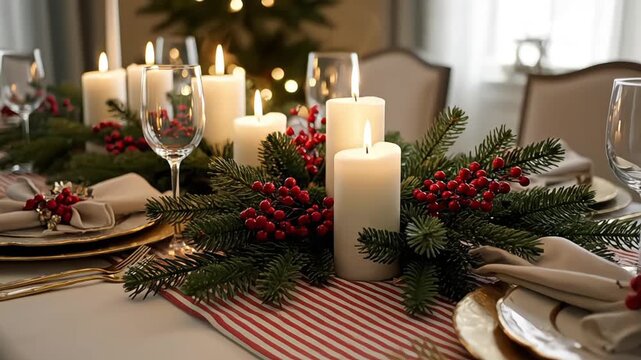 Elegant Christmas dinner table setting adorned with candles, evergreen, and red berries