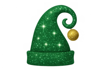 Green glitter elf hat with curled top and gold bauble, celebrating christmas and holiday season with magical sparkle