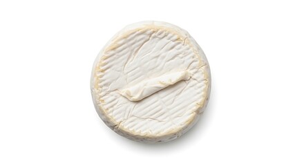 Top view of a round white cheese with rind isolated on white background