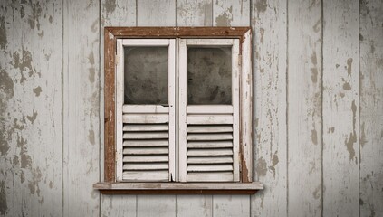 Fototapeta premium Aged white window featuring broken shutters and a timber facade.