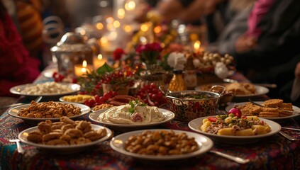 Turkish cuisine iftar dinner featuring cooked dishes and nuts, fiber-dense choice