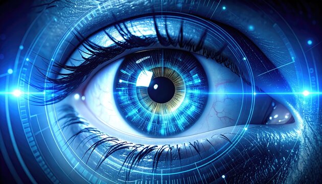 Visionary Gaze: A captivating blue eye, infused with a futuristic digital interface, embodies the concept of observation, vision, and the expanding horizons of technology. 