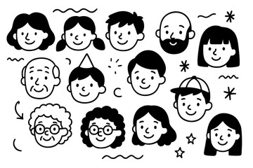 Cartoon faces of various people with different expressions and features  