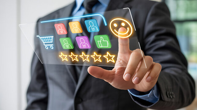 Businessman interacting with a futuristic holographic interface displaying customer satisfaction ratings and online shopping icons - Powered by Adobe