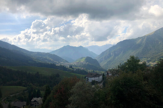 Panoramic View of Serina Valley in the Italian Alps, Bergamo Province, During a Cloudy Summer Day. Beautiful Atmosphere