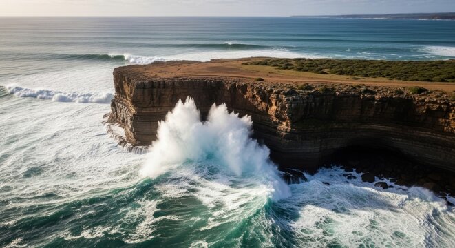 Ocean wave violently crashes against a rugged coastal cliff face.
