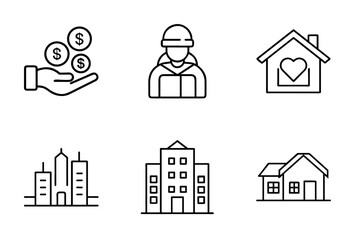 Hand holding coins with construction worker, buildings, and houses  