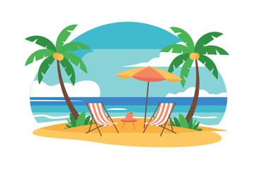 Illustration of a tropical beach scene with chairs umbrella and palm trees view