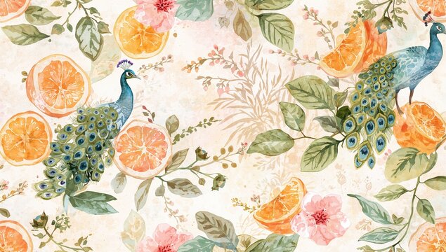 Seamless watercolor design featuring citrus fruits, leaves, and a peacock bird