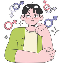 Thoughtful young person with hand on chin surrounded by gender symbols in soft pastel colors and sparkling stars against a clean white background