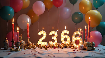 A festive birthday celebration featuring illuminated numbers, candles, balloons, and golden decorations.