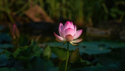 Obraz premium Morning unfolds as the pink lotus starts to open.