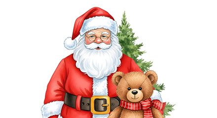 Fototapeta premium Santa claus with a teddy bear and a christmas tree isolated on transparent background