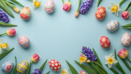Easter-themed decorations and vibrant spring blooms on a soft blue backdrop, suitable for text layout