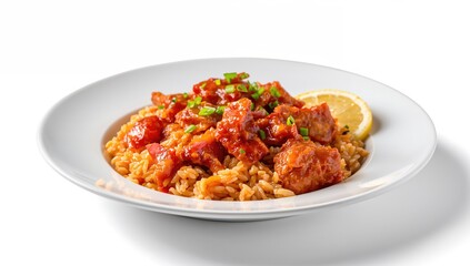 Fototapeta premium Fried Rice with Chicken and Ham in a Tomato Sauce
