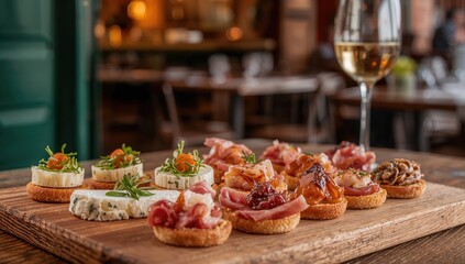 Various types of Cicchetti - Italian small bites featuring prosciutto, brie cheese, and assorted seafood, protein-rich meal
