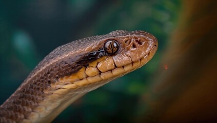 Fototapeta premium Brown venomous snake snout, opistoglifo - leioheterodon madagascariensis, focus on the potential risk of venomous bites