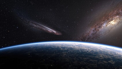 Cosmic vista featuring Earth, stars, galaxies, and celestial bodies like comets and asteroids from outer space