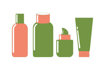 Illustration of four cosmetic containers in green and pink on a white background