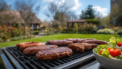 Assorted grilled meats on a gas barbecue in a garden setting, protein-rich meal